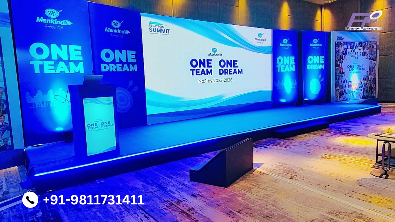 Mankind Pharma One Team One Dream Strategic Summit Stage and Ballroom Setup at Courtyard by Marriott Aravali Resort Faridabad (+91-9811731411)