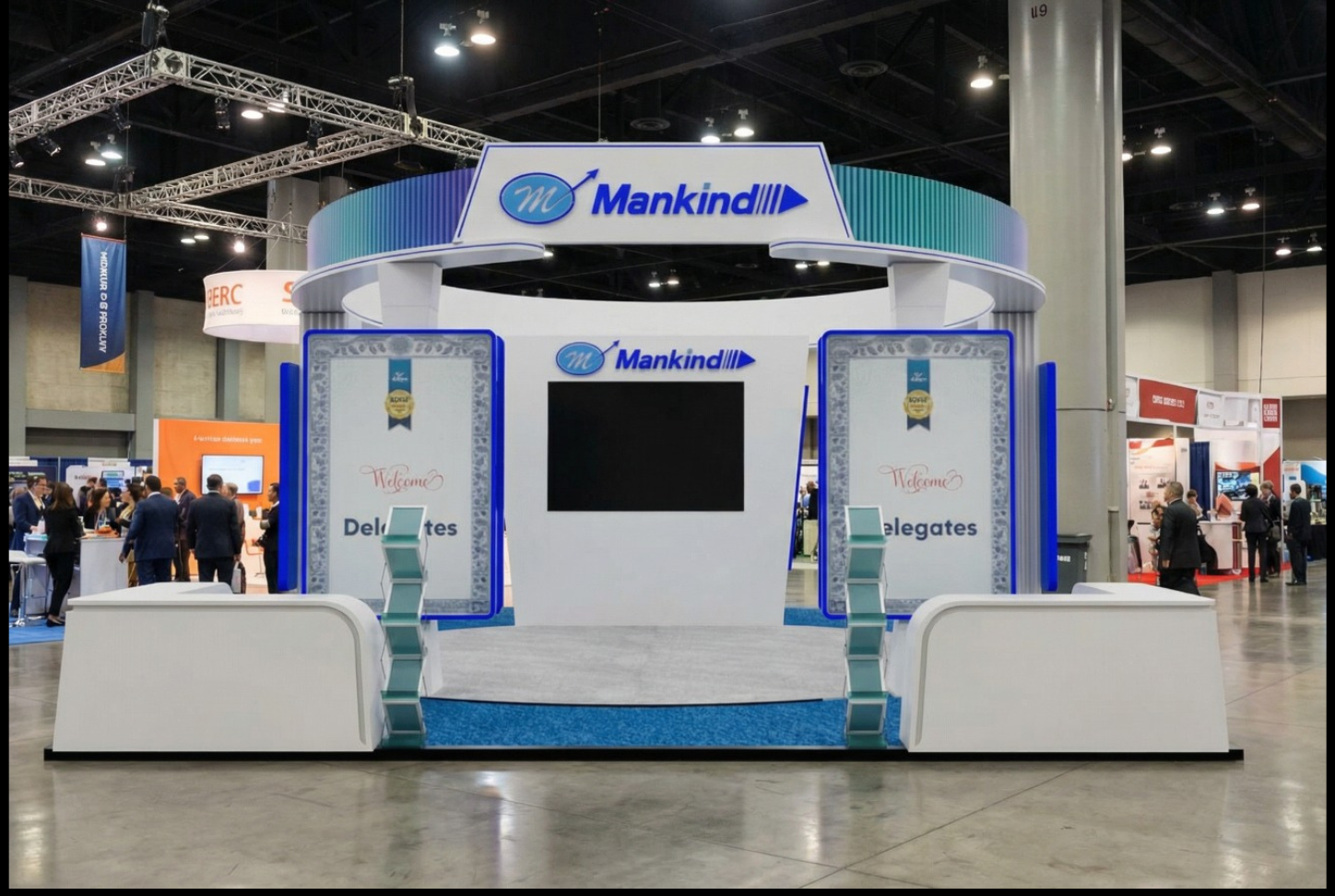 Custom-built exhibition booth with attractive lighting and branding elements